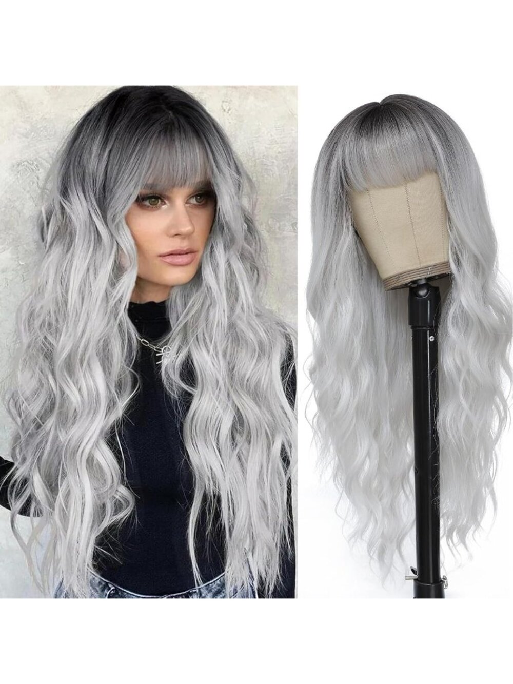 Women's Silver Grey 26 Inch Natural Looking Heat Resistant Synthetic Wigs Bangs